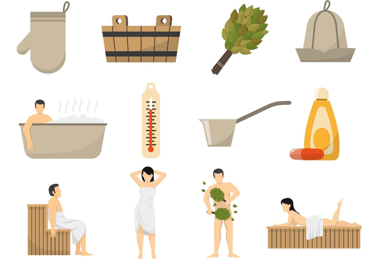 A collection of sauna items and activities, including towels, buckets, a thermometer, a ladle, and people in a sauna.