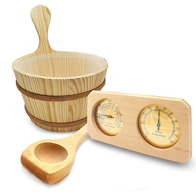 SaunaLife Accessory Package 8 -Wooden 1-Gallon Sauna Bucket, Wood Ladle, Thermometer/Hygrometer